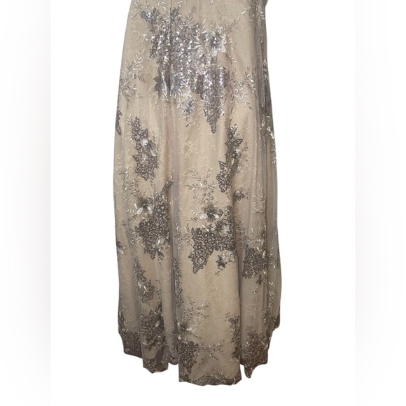 Mac Duggal 67960 One Shoulder Beaded Lace Gown Mocha Silver Sequin Size 16 NWT - Picture 6 of 8